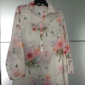 Zara White Floral Long Sleeve Thin Tunic Blouse Shirt Size XL Women’s